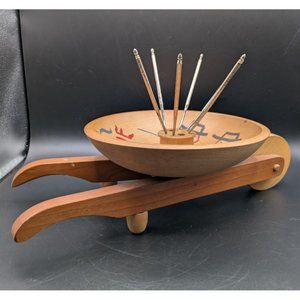 Woodcroftery Vintage Wheelbarrow Nut Serving Bowl with 6 Picks Hand Painted 15"